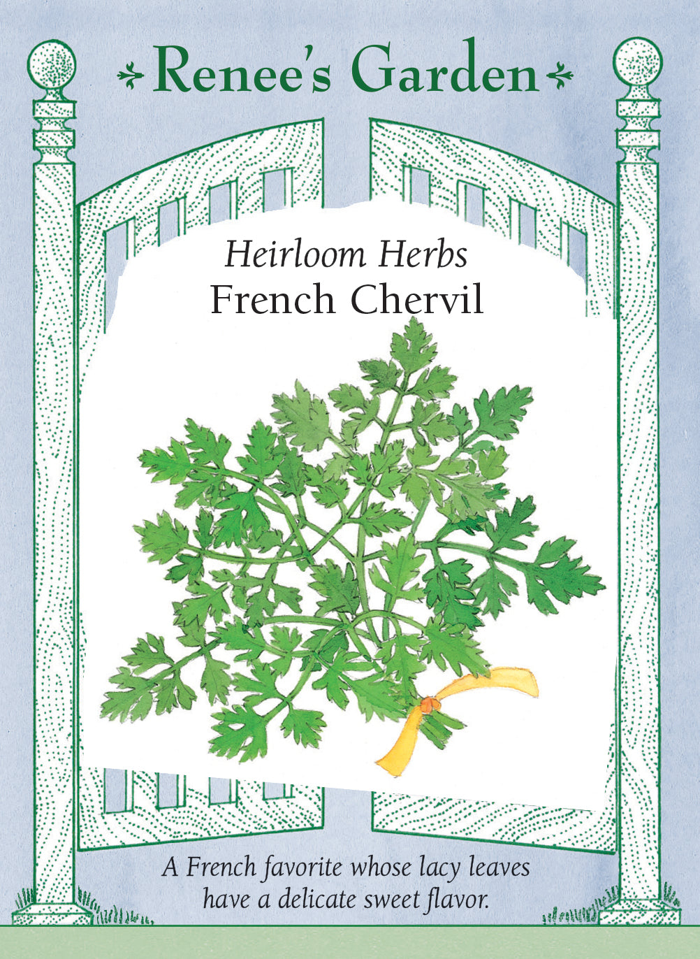 Heirloom Herbs French Chervil packaging with green leaves and text on a light blue background.