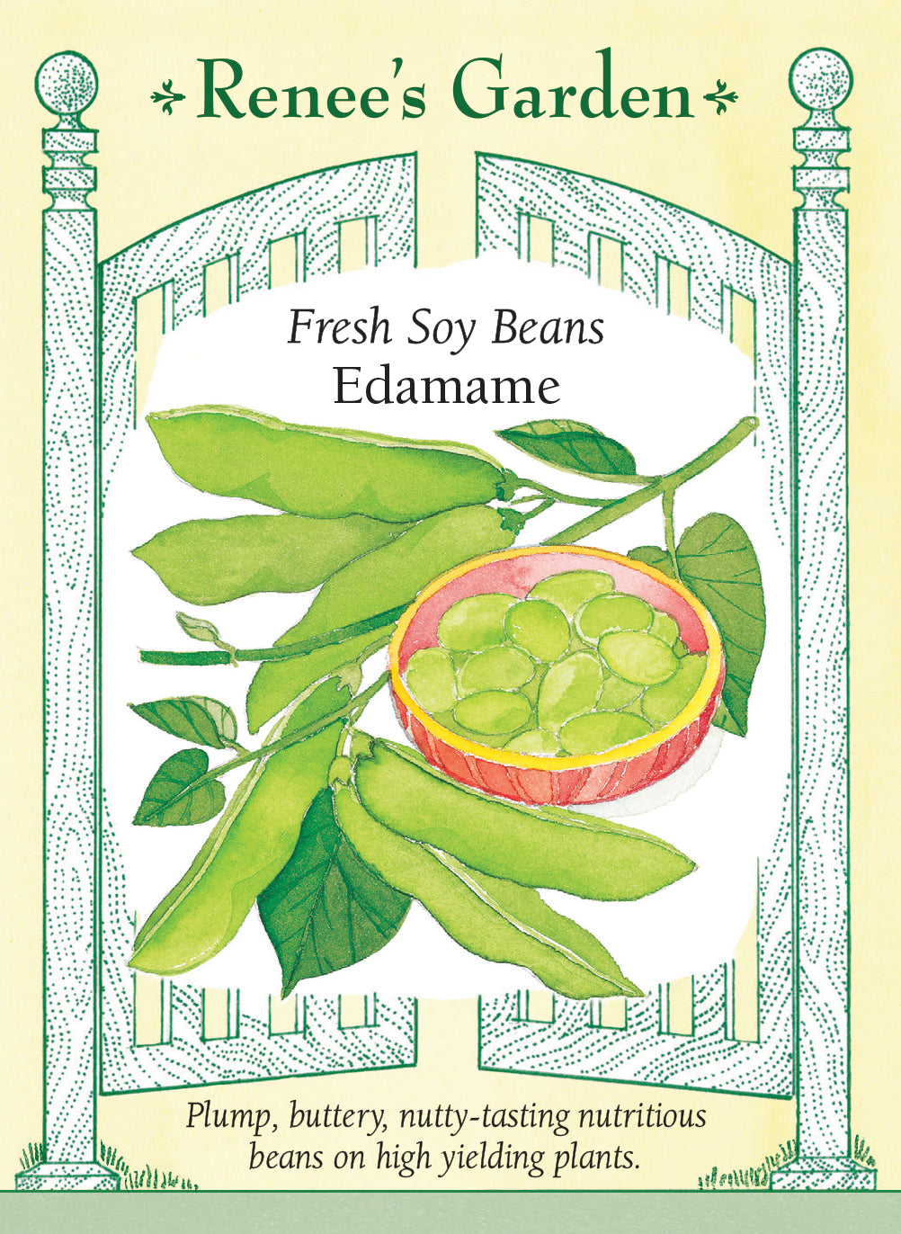 Seeds packet for Fresh Soy Beans Edamame with illustration and text on a decorative border.