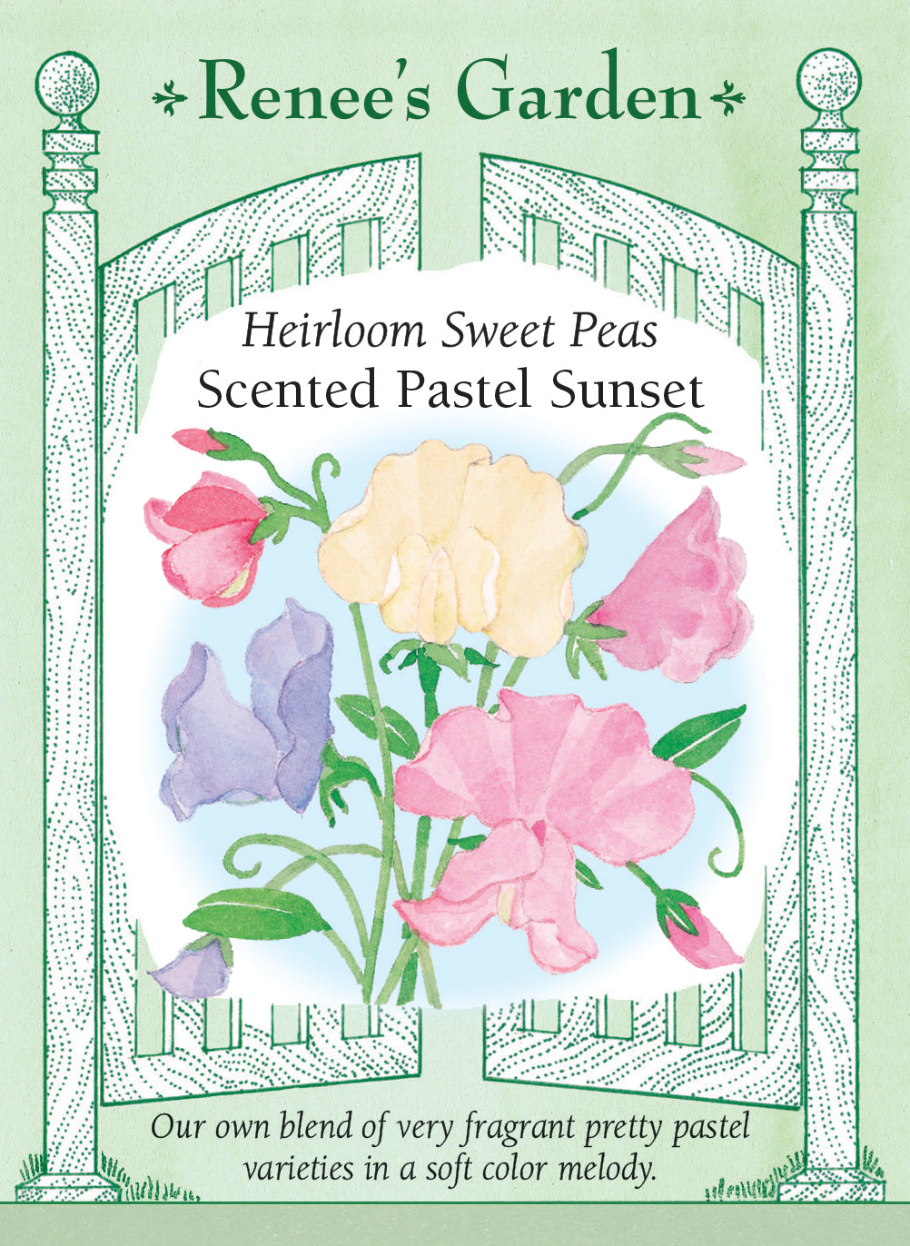 Package of Renee's Garden Heirloom Sweet Peas Scented Pastel Sunset with floral illustration and text.