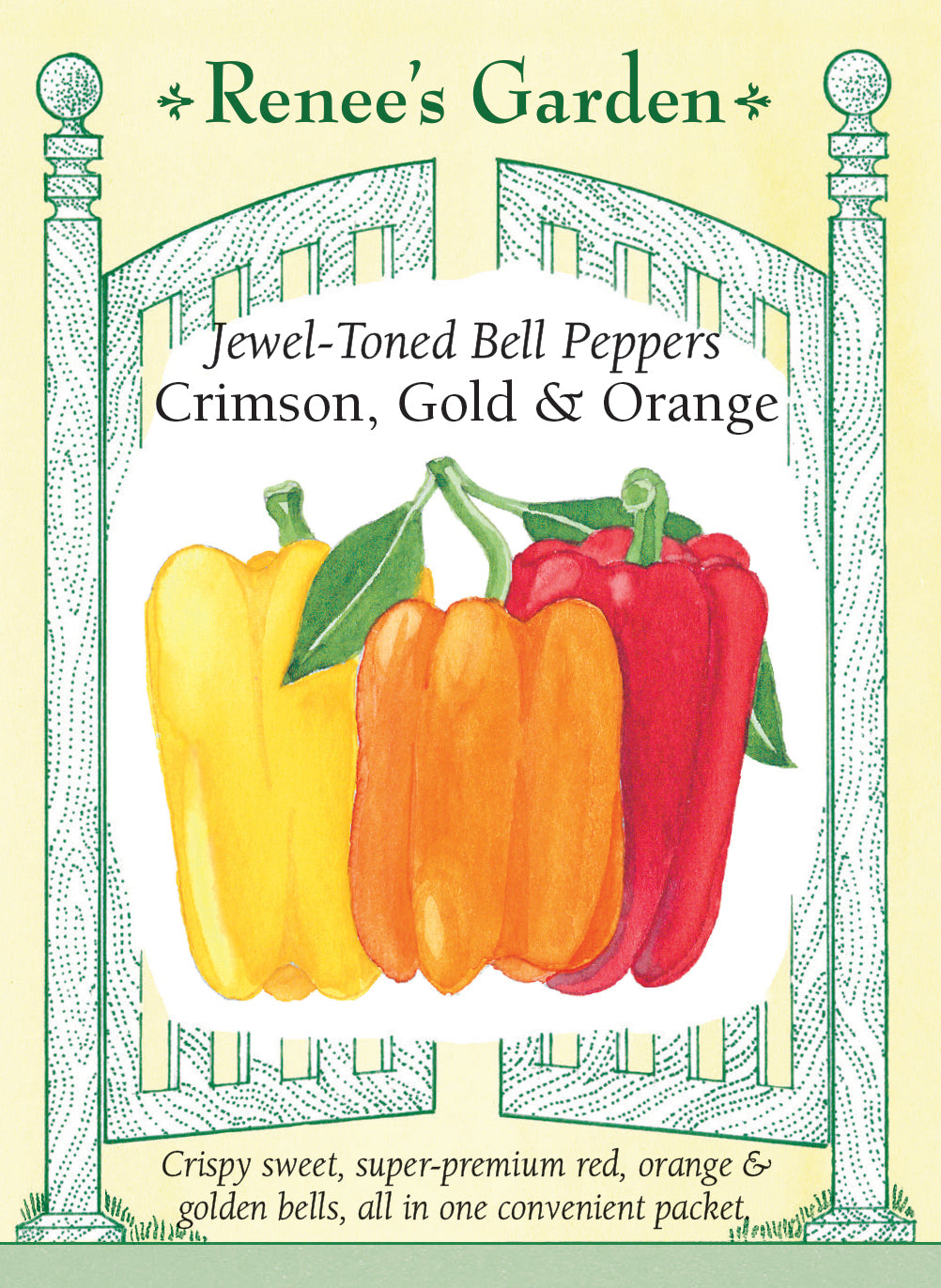 Seed packet for Jewel-Toned Bell Peppers with illustrations of red, orange, and yellow peppers on a decorative background.