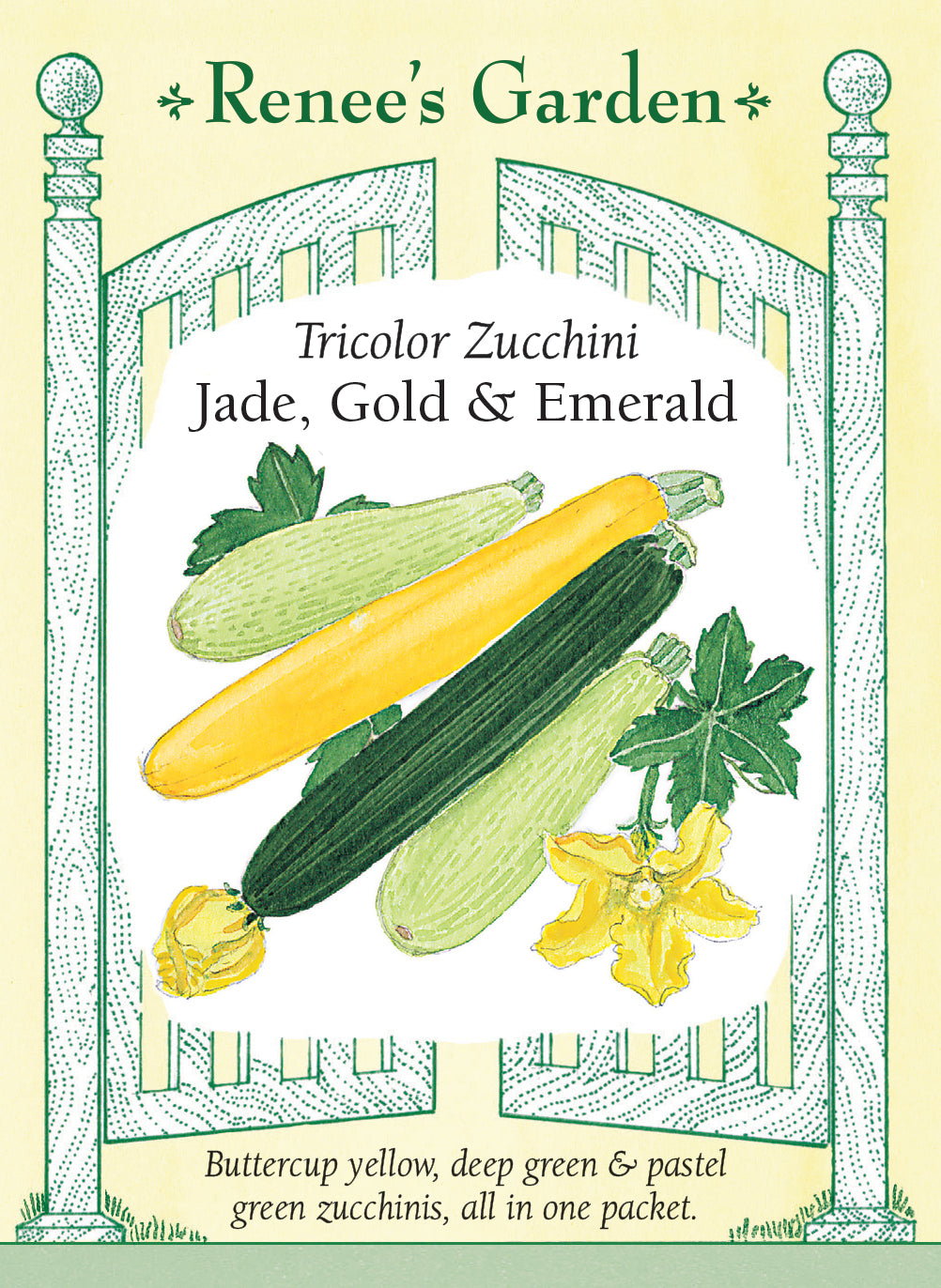 Seed packet for Tricolor Zucchini with illustrations of zucchinis and a flower, featuring the brand 'Renee's Garden'.